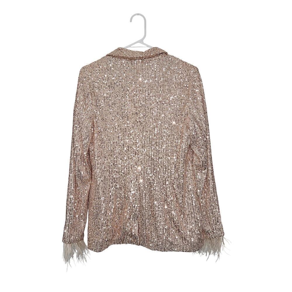 Nicole Miller Charlotte All Over Sequin Feather Trimmed Womens Pink Blazer Sz S - Picture 4 of 8